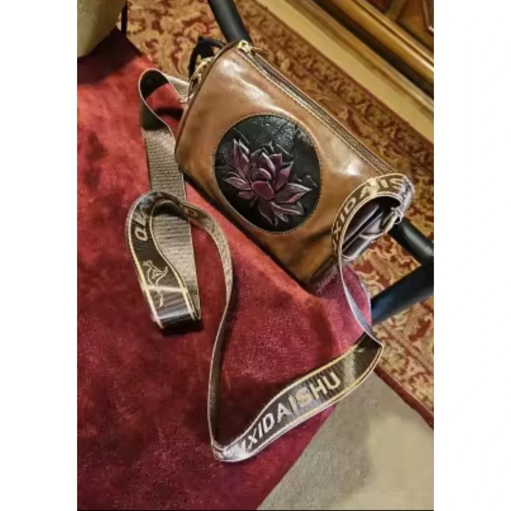 Lotus Embossed Brown Barrel Crossbody Bag Wide Strap Designer Style‎ Purse